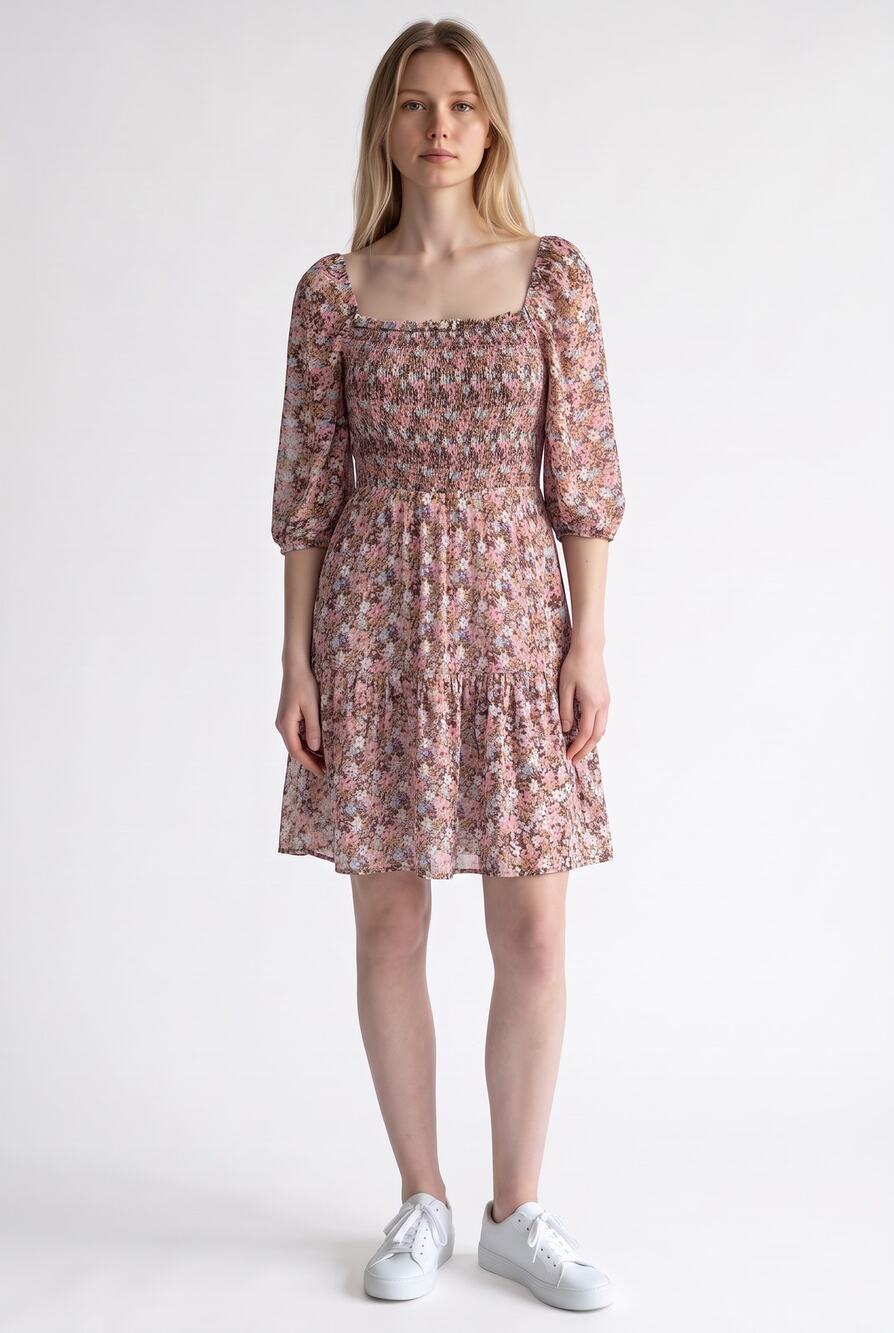 BCBGeneration floral Smocked Mini Dress Square Neck Bubble Sleeve 0 NWOT Cottage